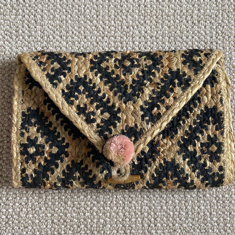 Clutch handbag black straw jute with Pom Pom
